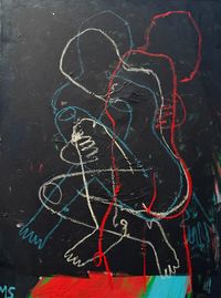 Abstract figurative painting of overlapping figures in acrylic and oil stick on a dark canvas.