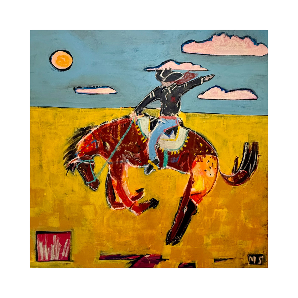 horse racing print titled i rock and roll showing a cowboy riding a bucking bronco horse under an orange sun on paper.