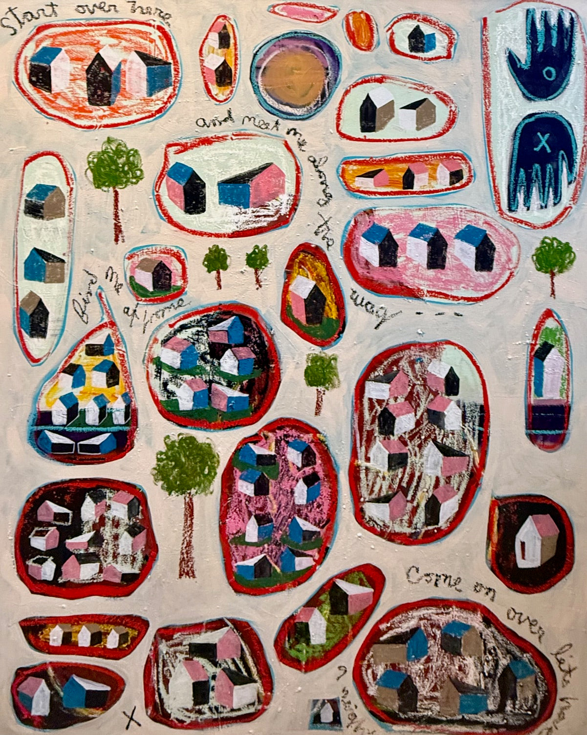 Romantic narrative painting by Mandy Canada showing maps and love — handmade Canadian wall art celebrating connection, devotion, and heartfelt storytelling.