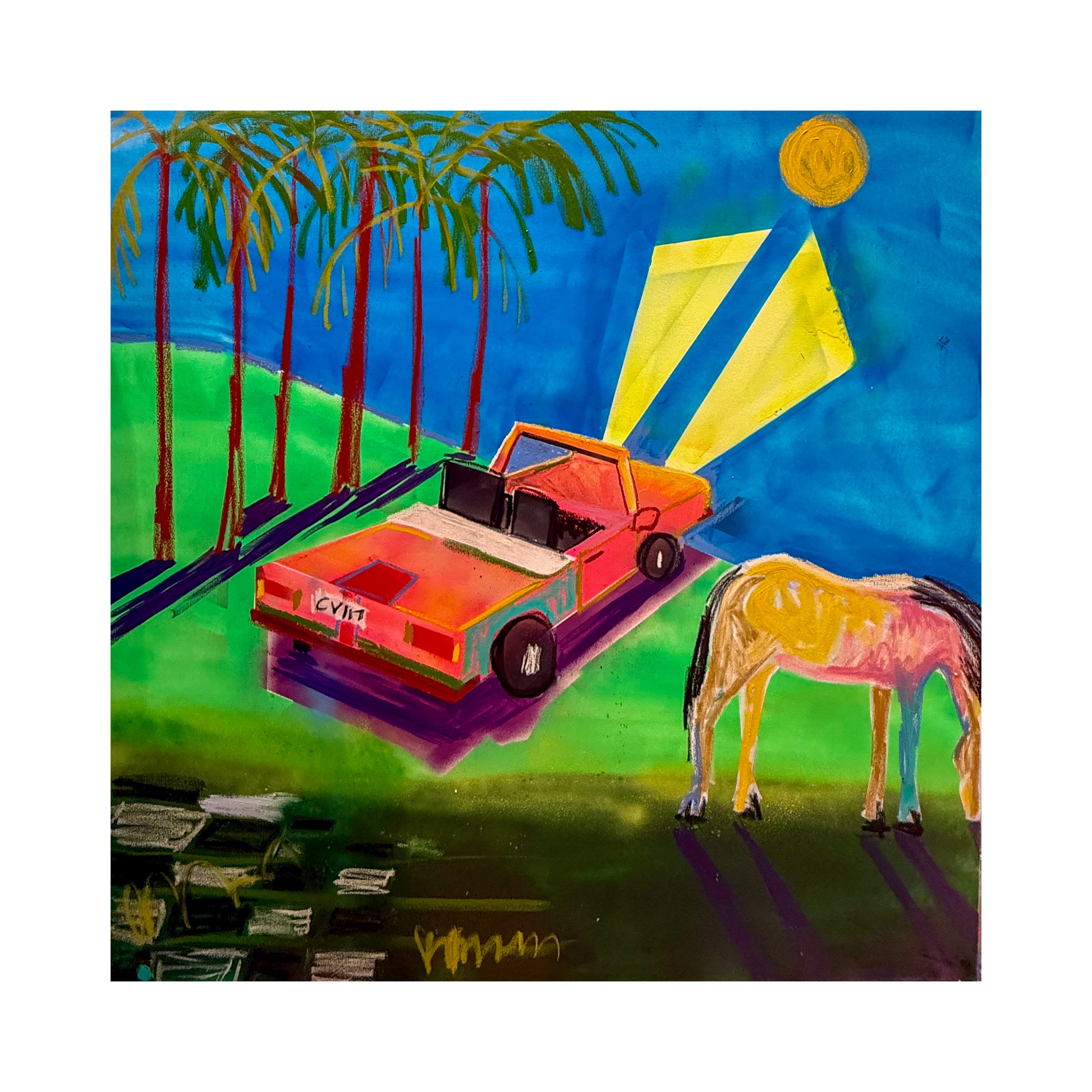 road trip print with palm trees glowing moon and dreamy tropical scenery.