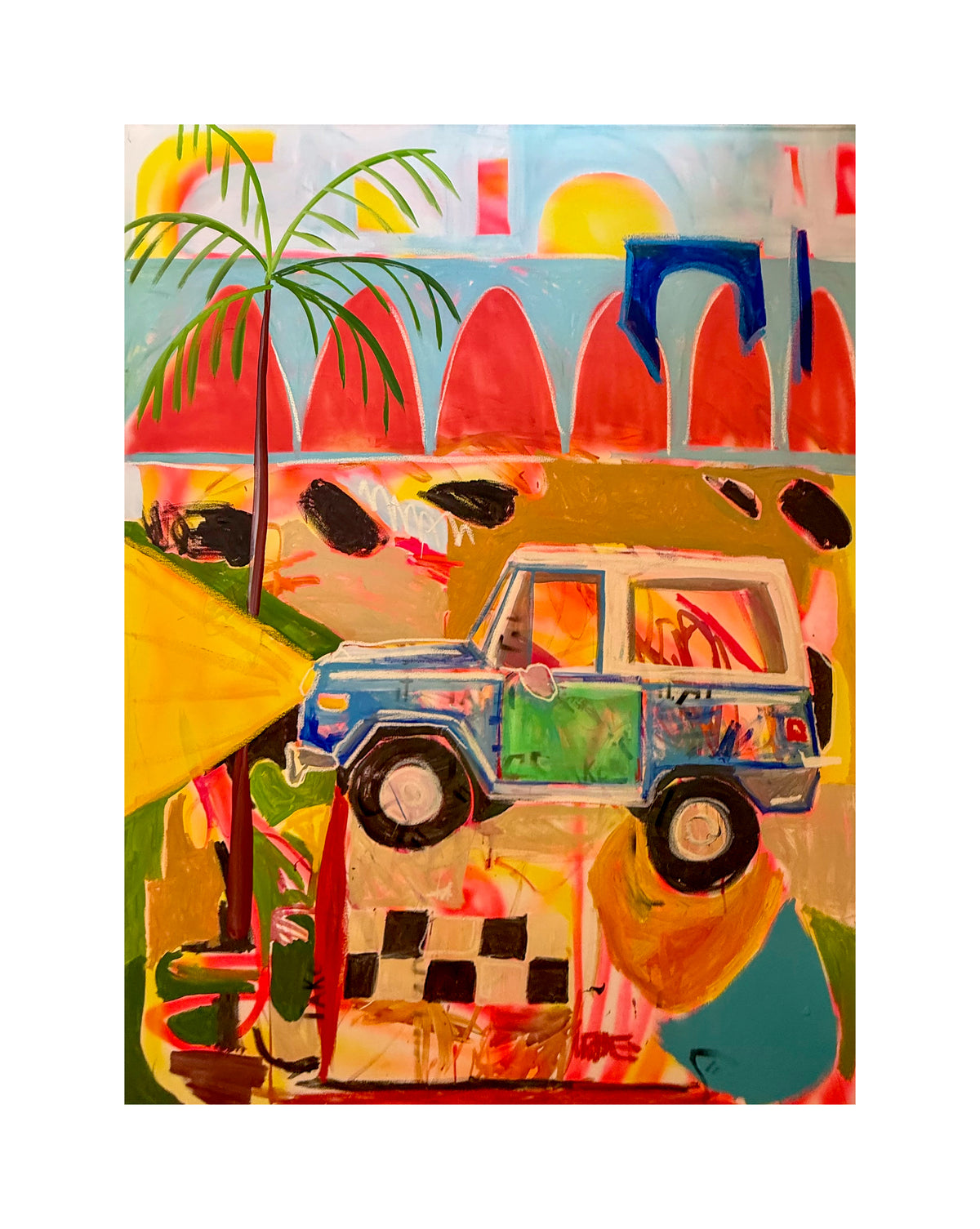 tropical art print featuring a vibrant van, palm trees and warm coastal scenery.