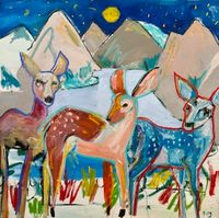 deer painting acrylic featuring stylized deer and mountain-like shapes against a night sky with stars.
