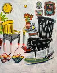 A painting featuring a chair, table, and various household items with a predominantly white background.