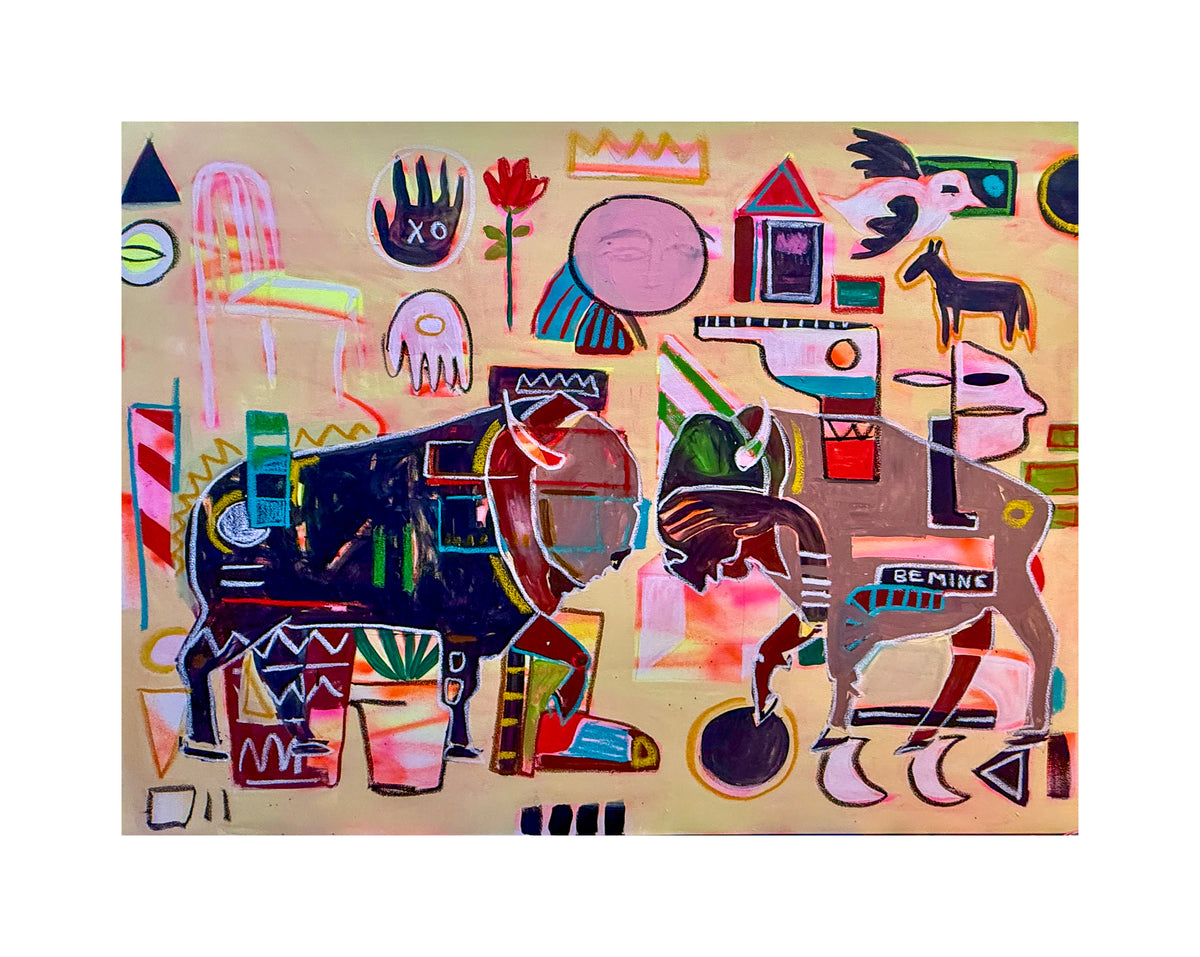 bison art print depicts colorful expressive bison and animals.