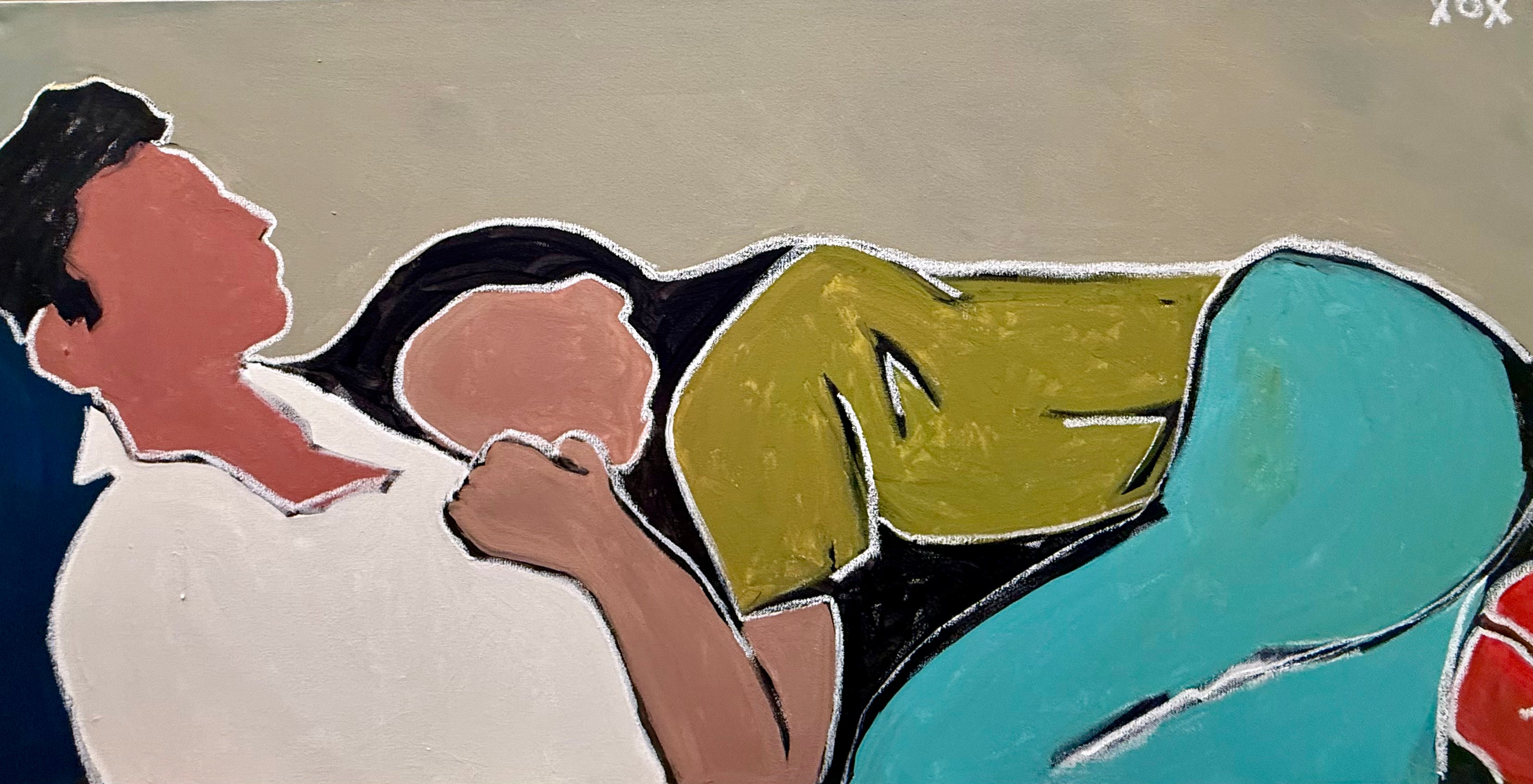 Modern figurative painting of a couple resting closely together.