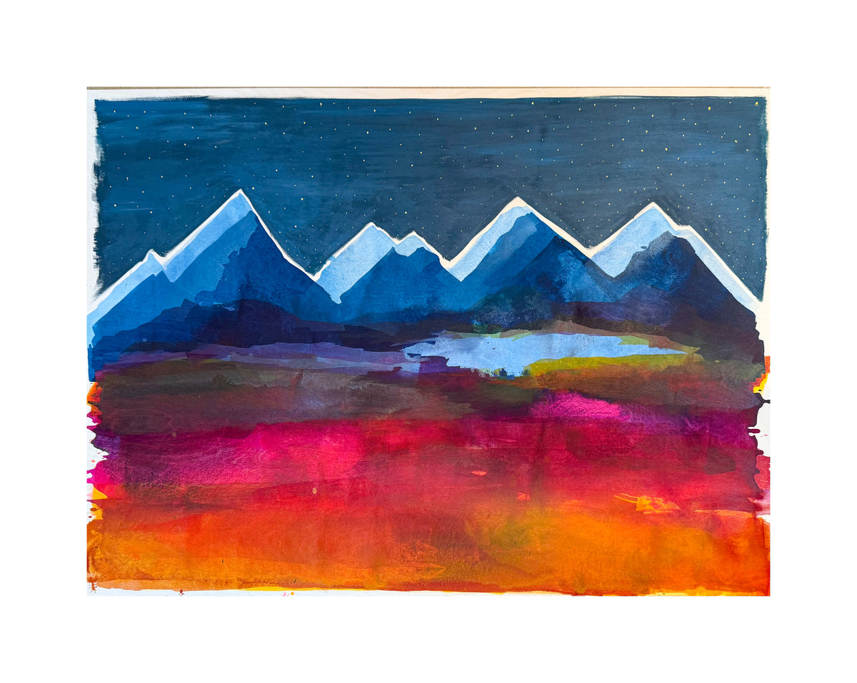 Colorful mountain landscape art print with blue sky and multicolored mountains.