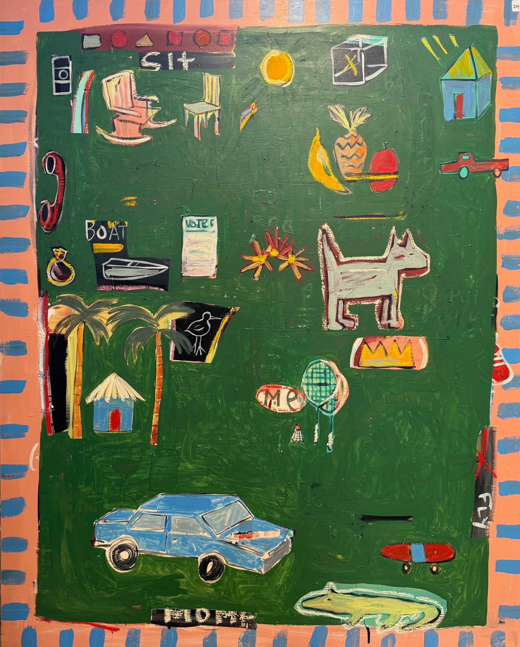 Narrative handmade painting by Mandy Canada showing collected treasures and the journey of love — modern Canadian wall art celebrating memory, connection, and reflection.