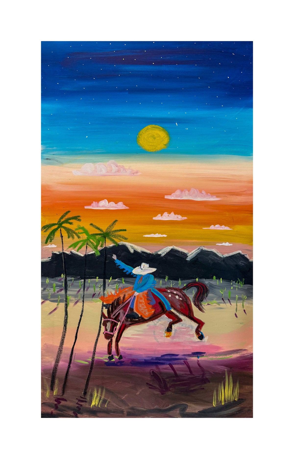 western landscape print titled palms and paradise showing a cowboy riding a bucking horse near palm trees under a yellow sunset sky on paper.