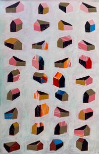 Abstract acrylic painting on canvas showing friends enjoying pizza parties and togetherness, cozy community art.