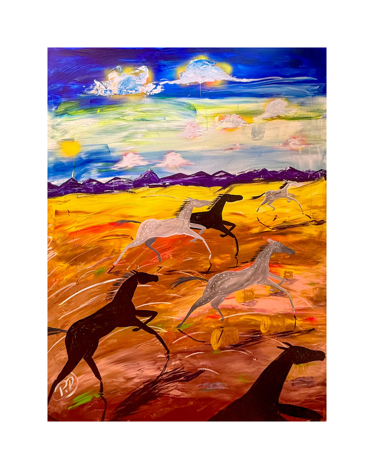 running horses print featuring clorful horses,dramatic skies and western landscape.