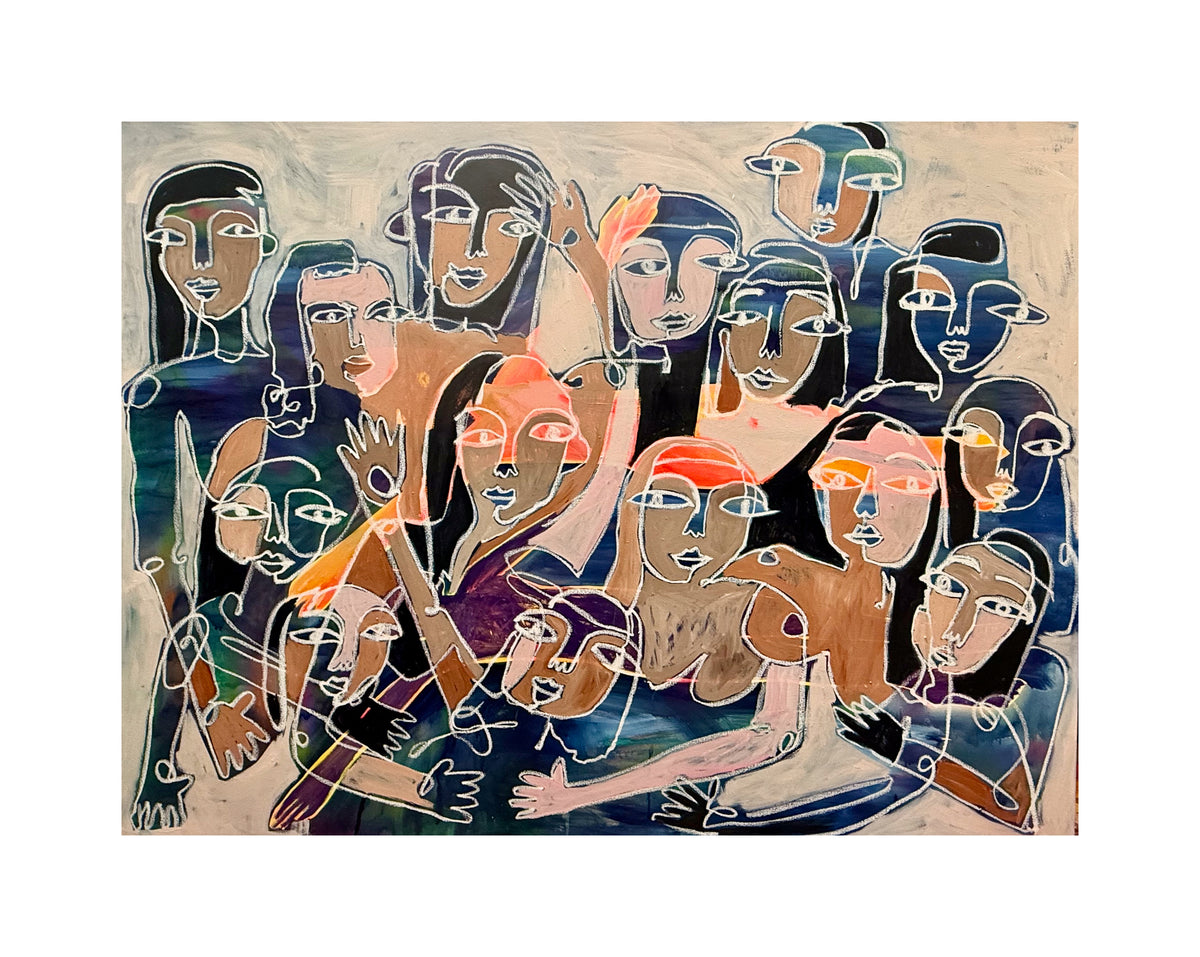 Expressive group of people in an art print.