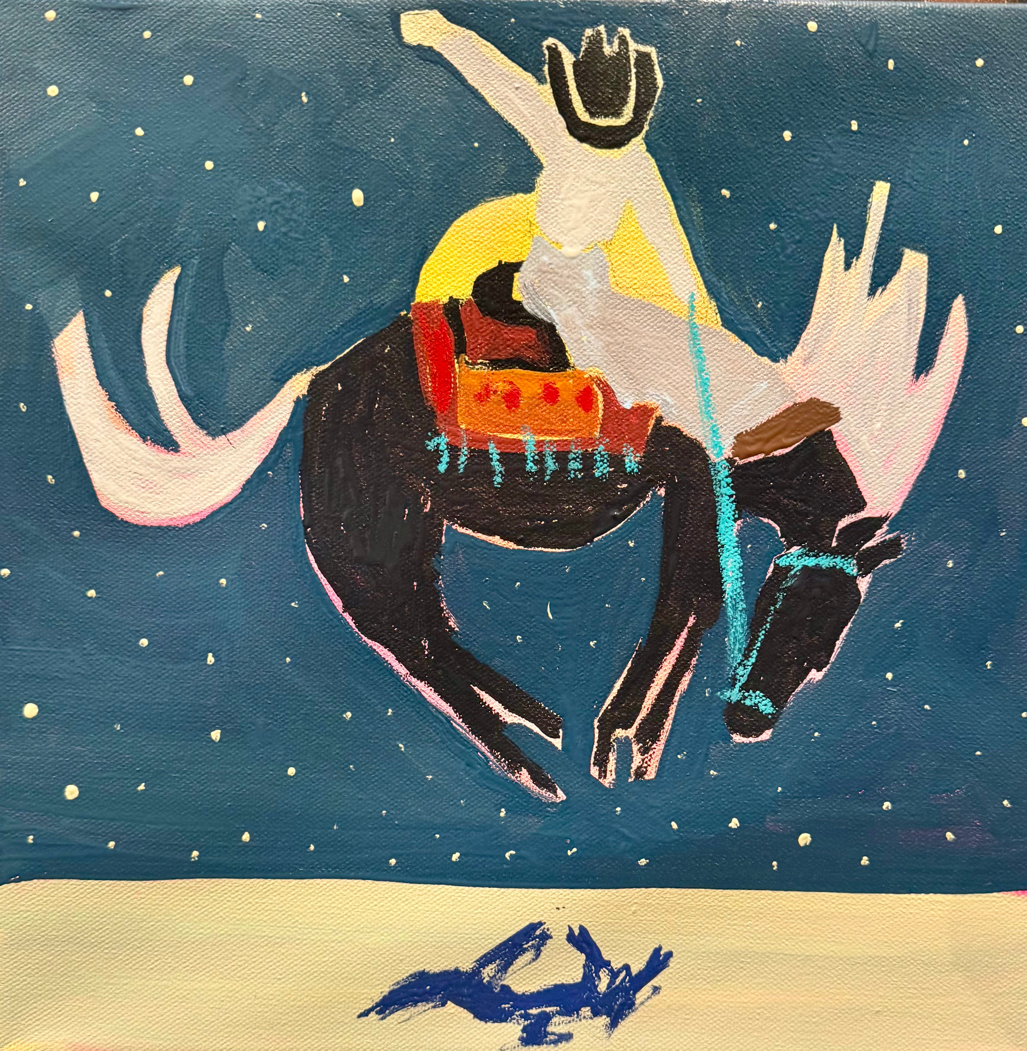 Painting of a cowboy riding a moose against a starry night sky.