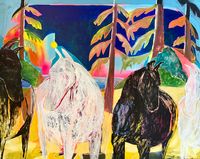 Colorful original painting of horses among tall tree-like forms in a vibrant outdoor scene.