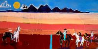 horse canvas wall art with riders, distant mountains, warm colors, and a glowing sun.