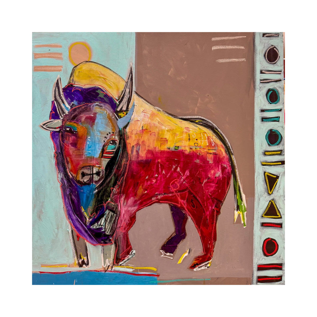 bison print wall art with expressive brushwork and vibrant red, blue and yellow tones.