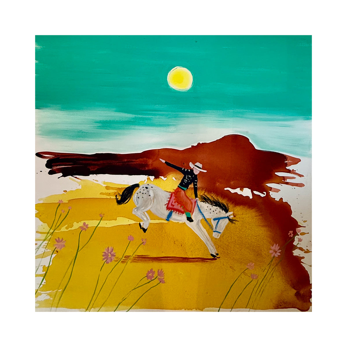 desert landscape print titled sweet flower girl showing a cowgirl riding a horse under a yellow sun on paper.