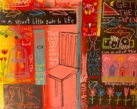 A colorful abstract artwork on canvas with various texts and a chair depicted in the center.