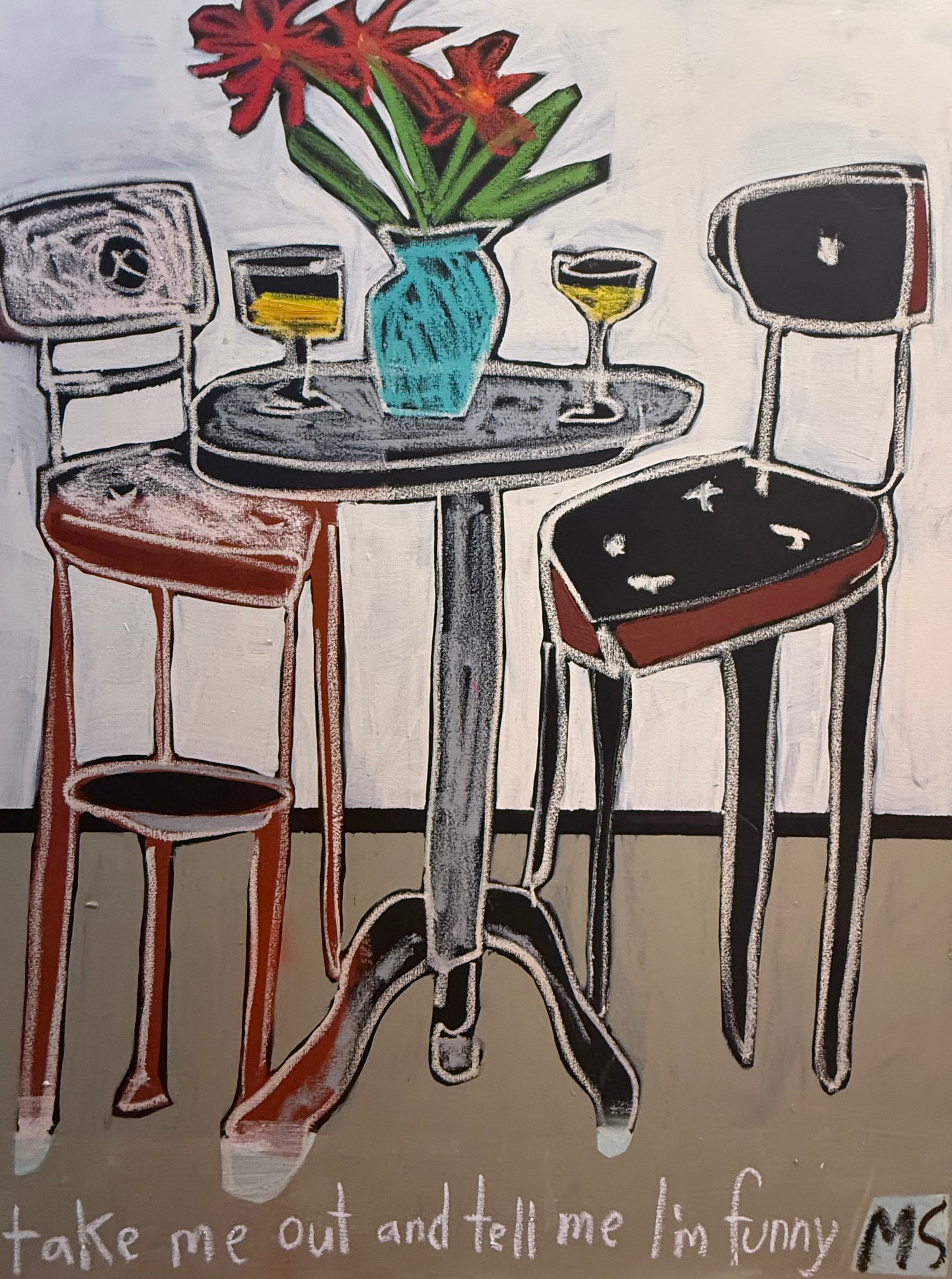 an original 30x48 bistro table painting titled take me on date night showing a small table set for two with wine glasses and red flowers on canvas.