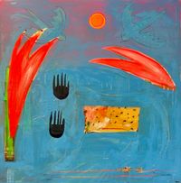 Abstract artwork featuring red floral elements, black hand silhouettes, and a yellow object on a blue background.
