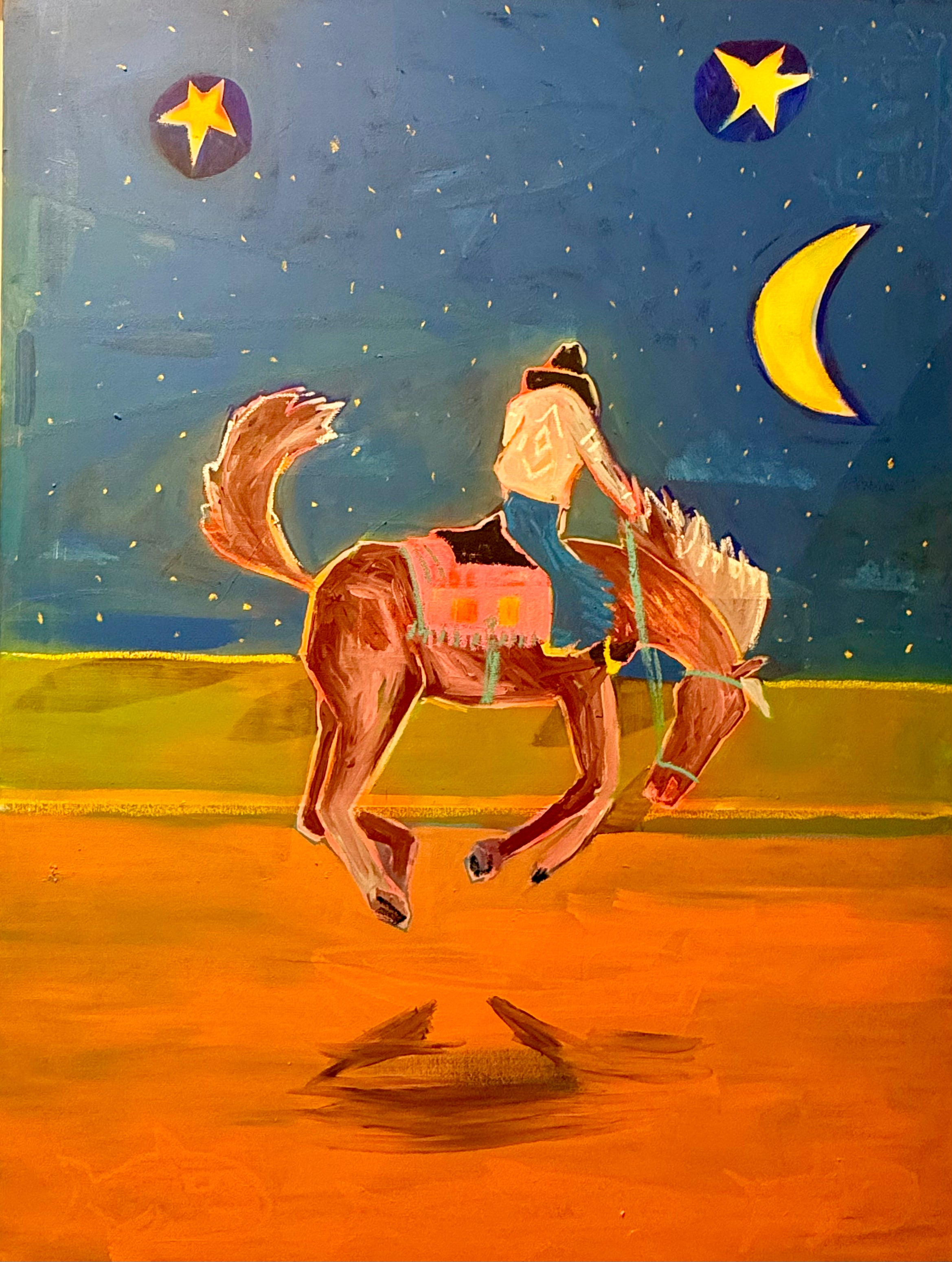 horse wall painting featuring a cowboy riding a horse under a starry night sky with stars and a moon.