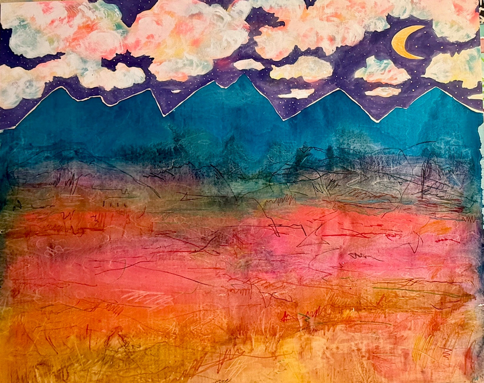 Dreamscape romantic painting by Mandy Canada showing a soulful meeting place — handmade Canadian wall art inspired by love, imagination, and connection beyond time.
