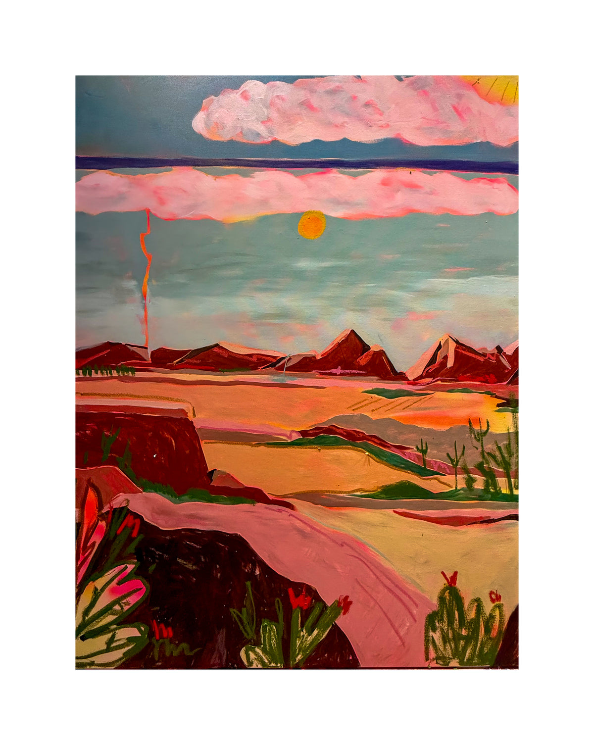 desert wall print with mountains, warm sky and winding path.