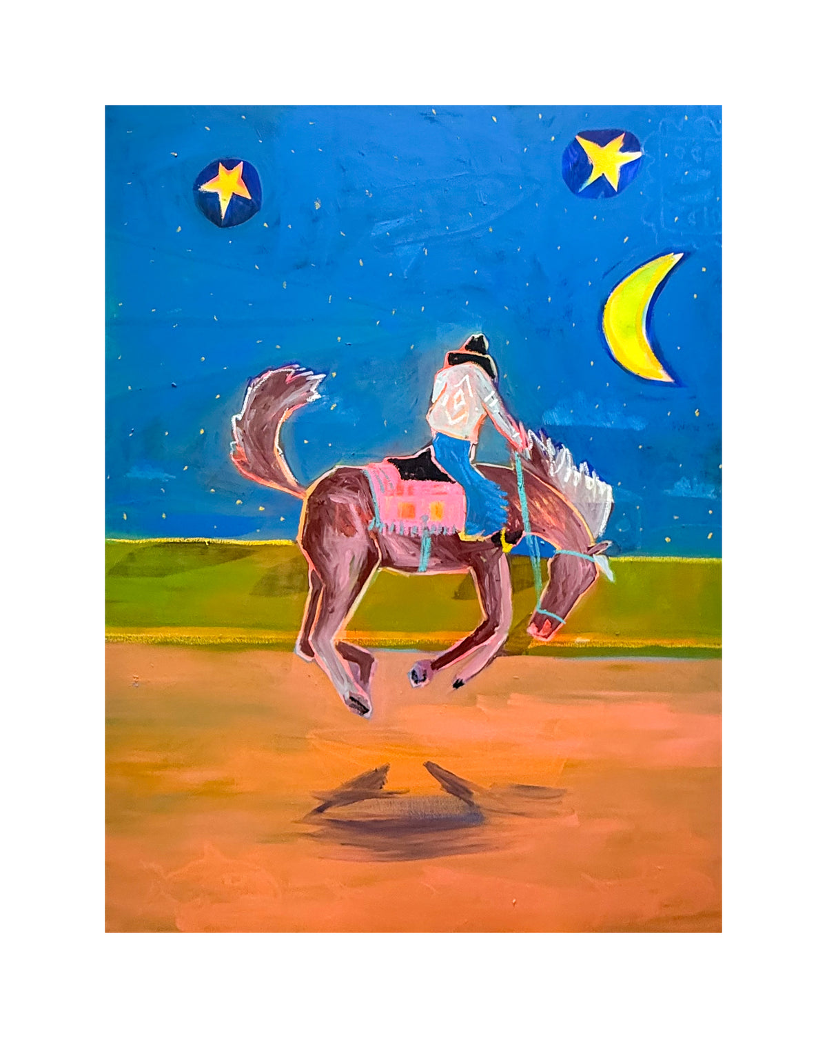 horse print wall art features two riders on horseback beneath a crescent moon.