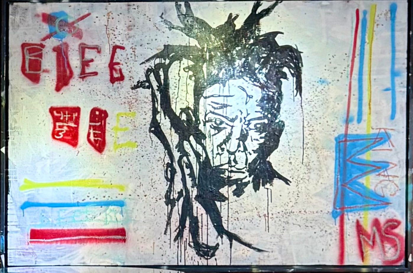 Contemporary Art on Canvas featuring an expressive face with bold black marks and colorful graphic elements.