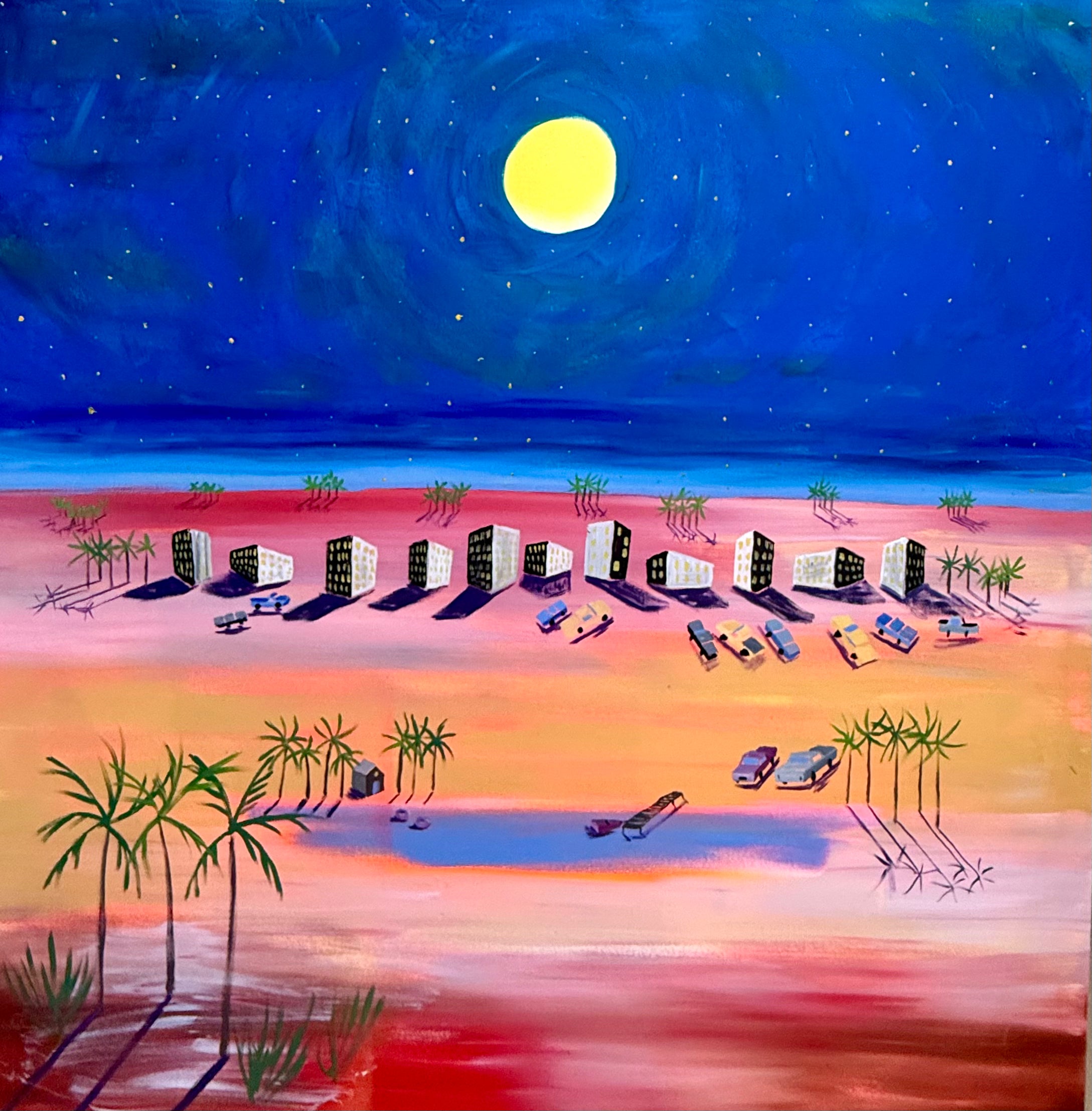 Artistic depiction of a beach scene with palm trees, lounge chairs, and cars under a starry night sky.