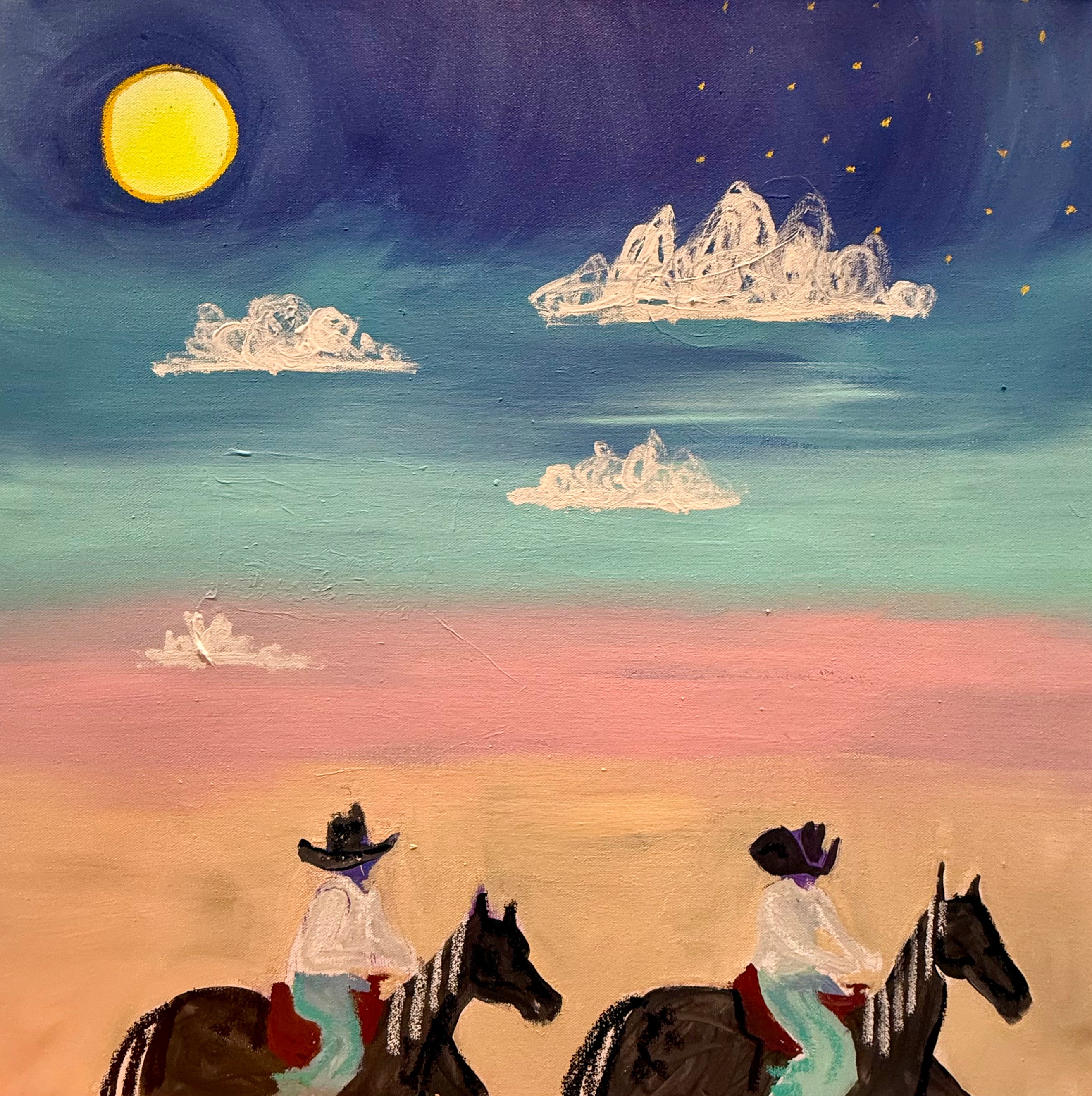 Painting of two horses features two cowboys on horseback under a starry sky with a full moon.