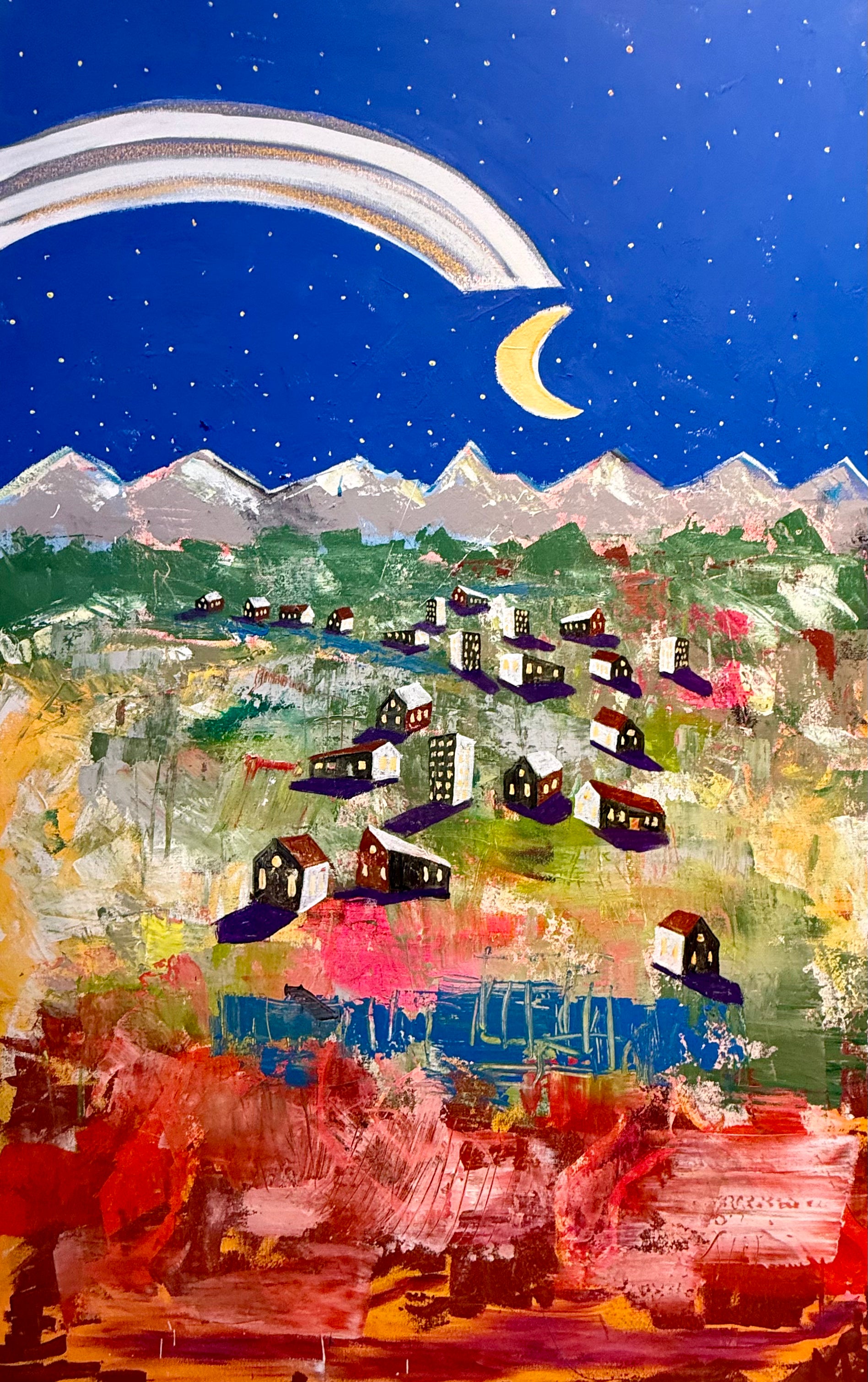 Colorful abstract painting of a mountainous landscape with houses and a rainbow.