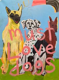 Colorful painting of three expressive dogs with bold lettering on a blue and multicolored background.