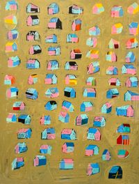 abstract wall painting for living room titled we moved here looking to build our identity showing multiple colorful houses on a gold canvas.