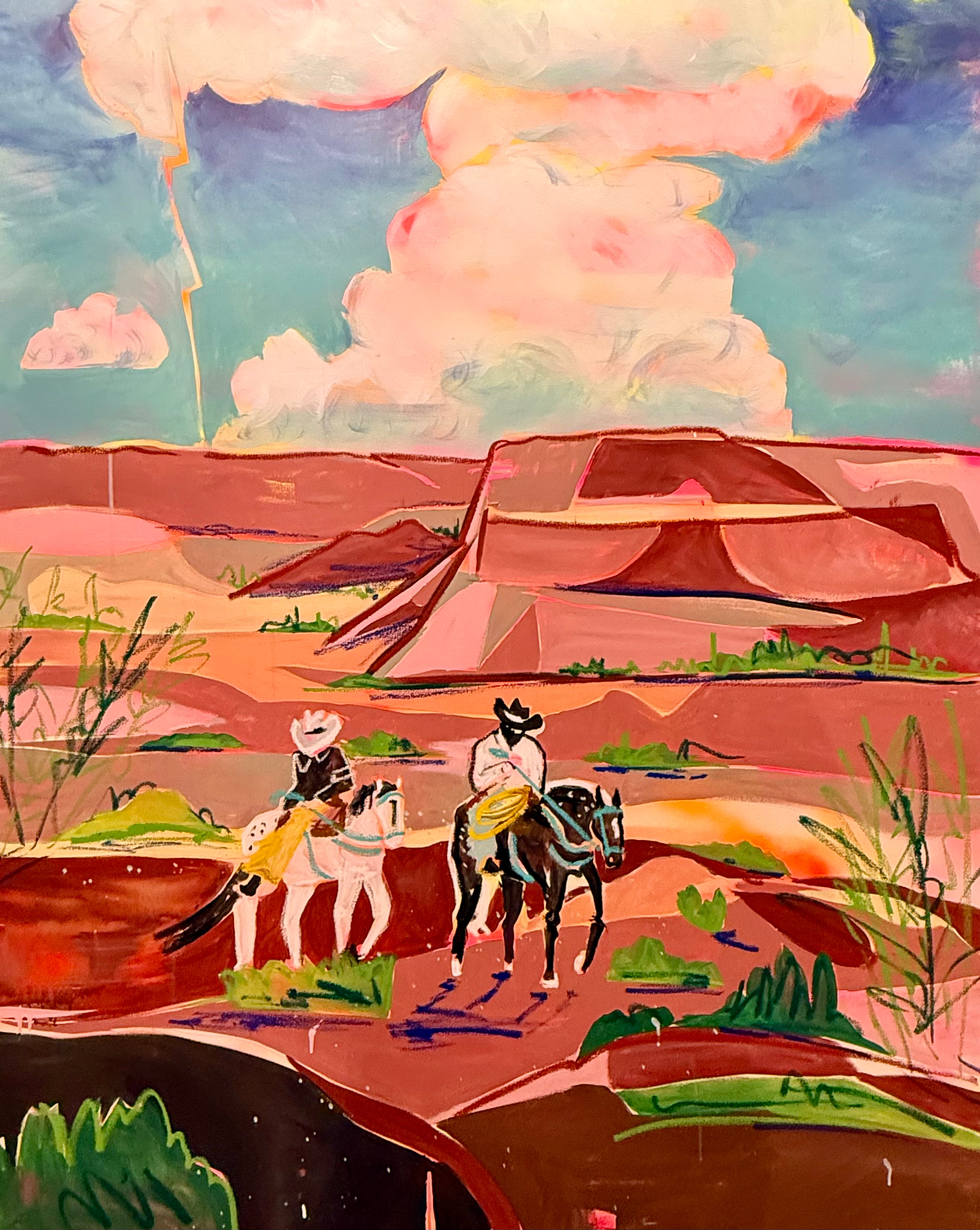 abstract Painting of two cowboys on horses in a desert landscape with large clouds in the sky.