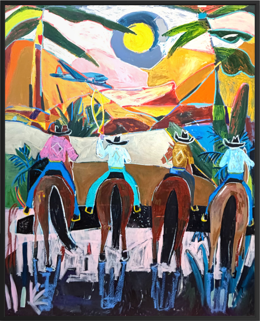 Original western landscape painting featuring cowboys riding horses through a colorful mountain landscape, hand-painted with acrylic, oil stick, and spray paint on canvas.