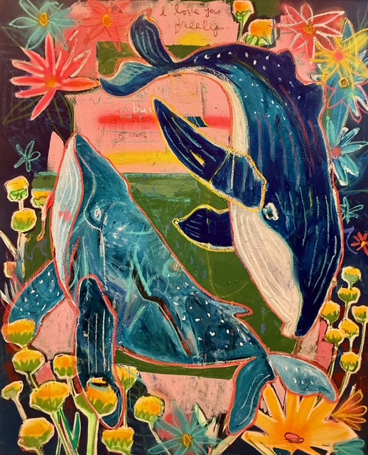 Romantic handmade ocean painting by Mandy Canada showing two swimmers in soft waves — a modern Canadian wall art piece symbolizing love, freedom, and harmony.