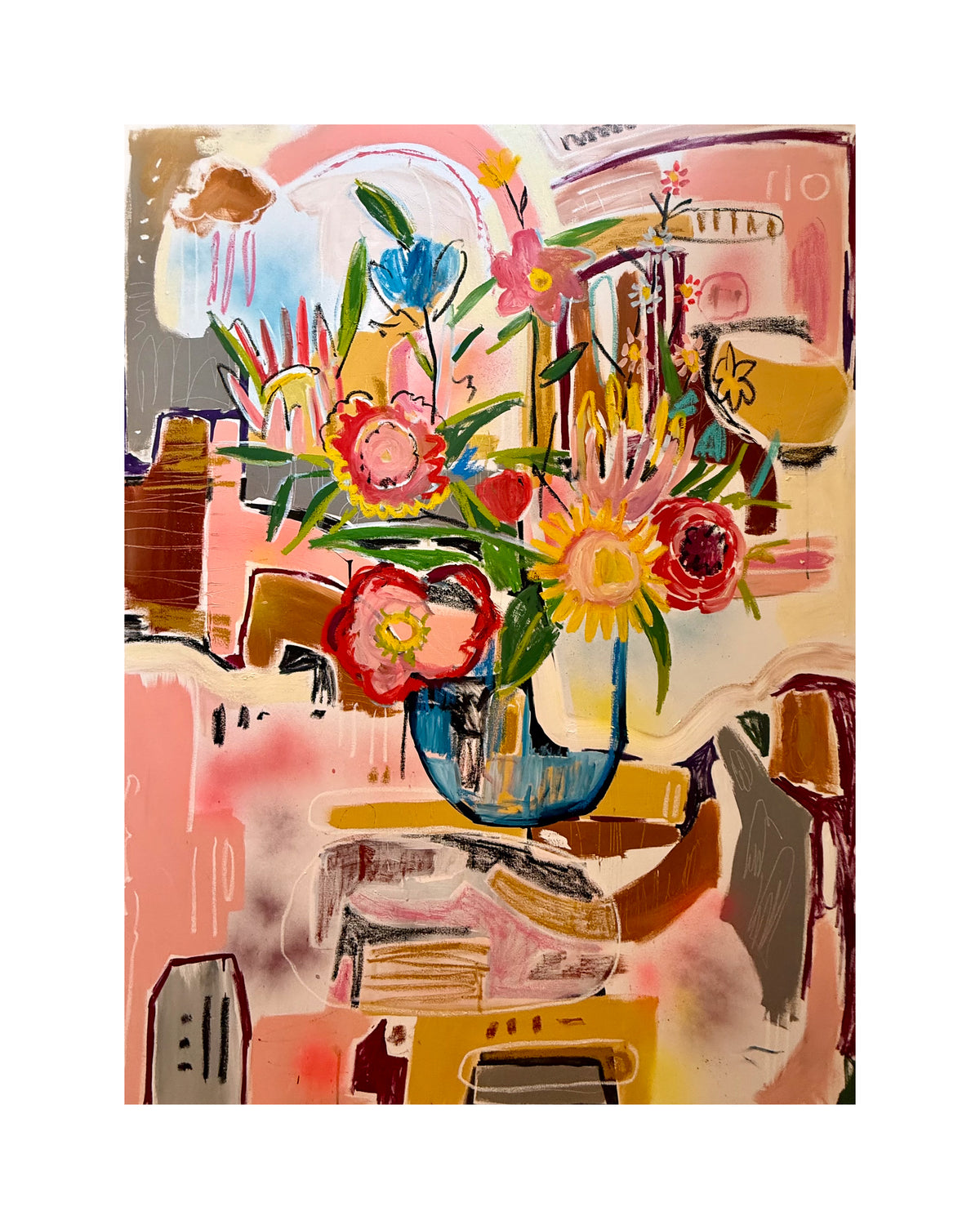 botanical wall print featuring colorful flowers in a vase.