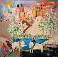 bison canvas art titled you remind me of springtime showing two stylized white bison near spring trees and mountains.