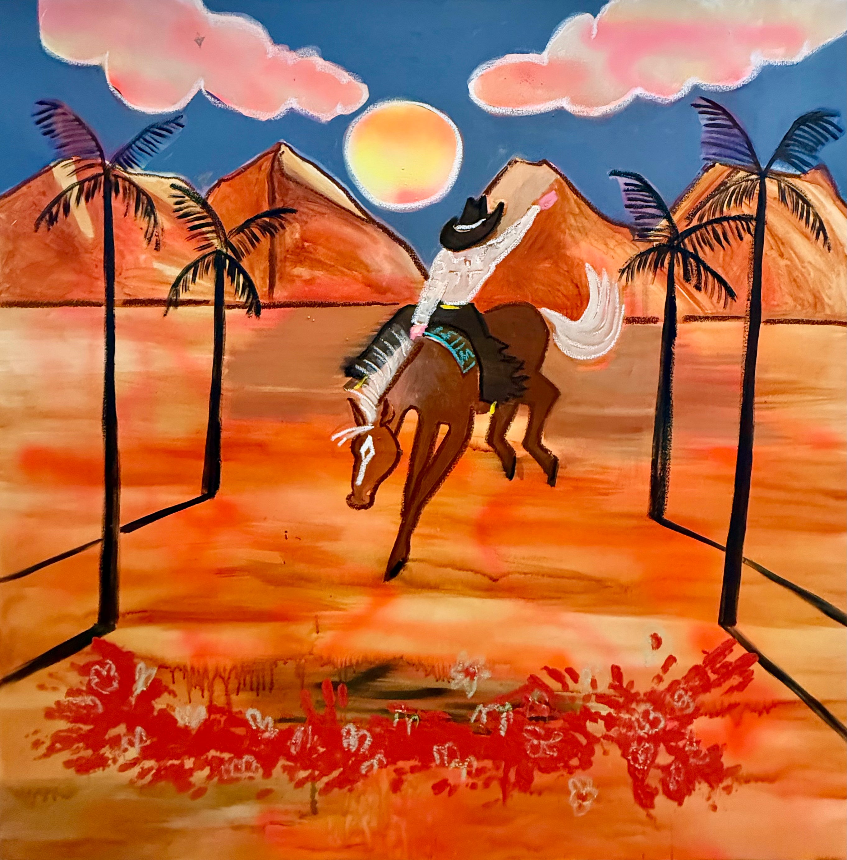 Painting of a cowboy riding a horse in a desert landscape with palm trees and a sunset.