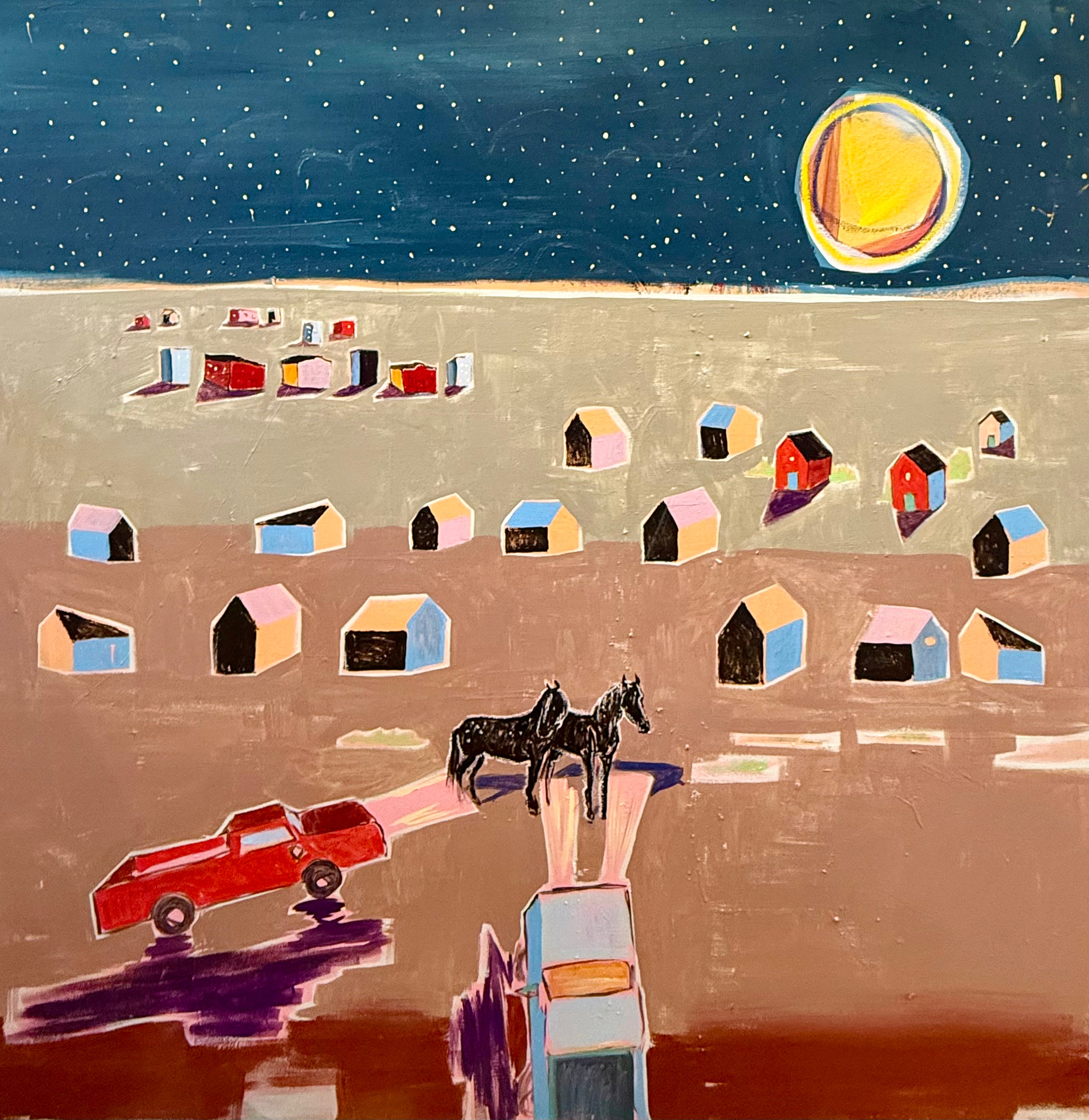 An original canvas painting titled A western love story featuring a starry desert landscape with a red pickup truck, two horses, and small houses under a full moon.