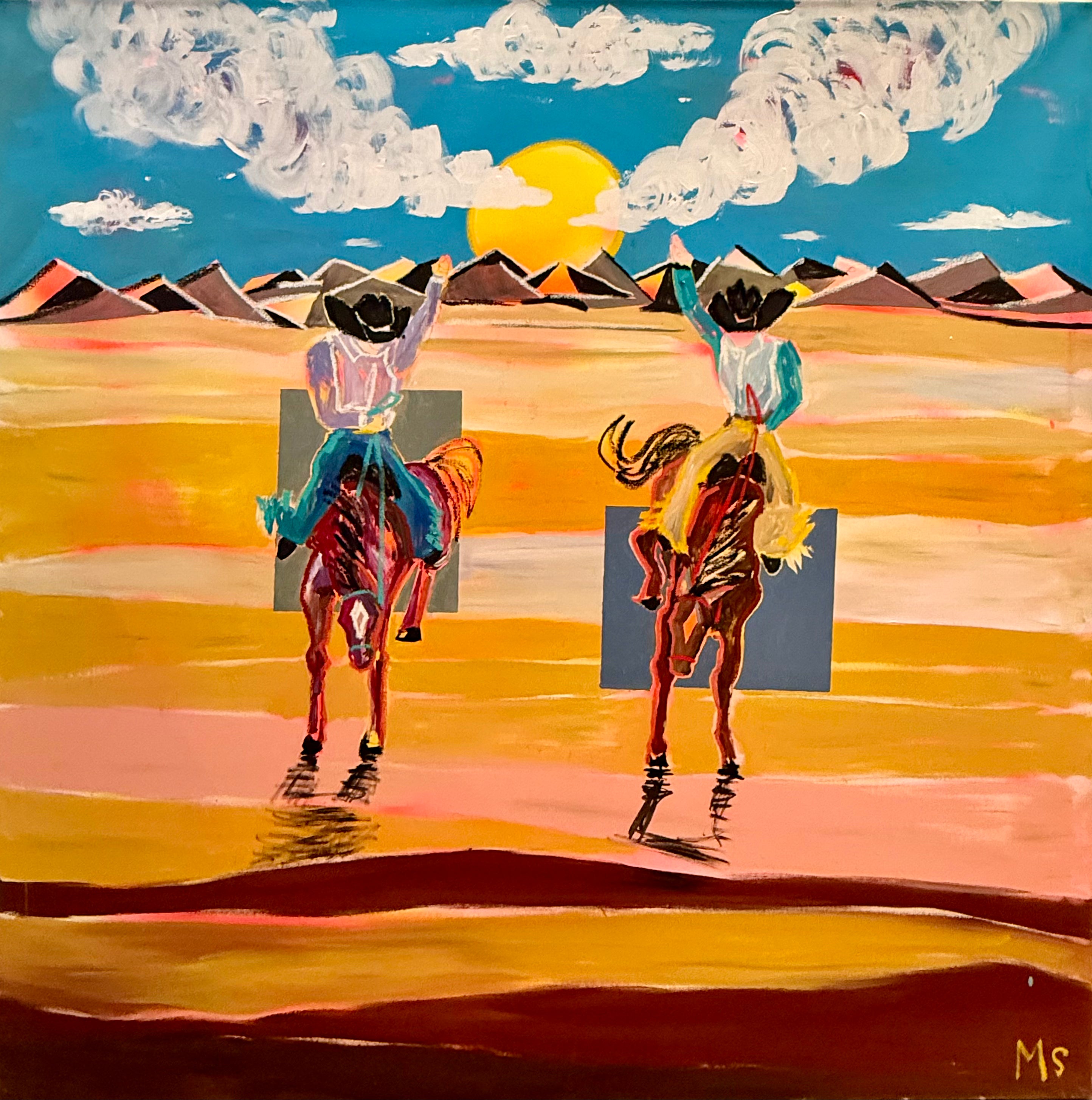An original canvas painting titled Abstract aspect featuring two cowboys on horseback in a desert landscape under a yellow sun.