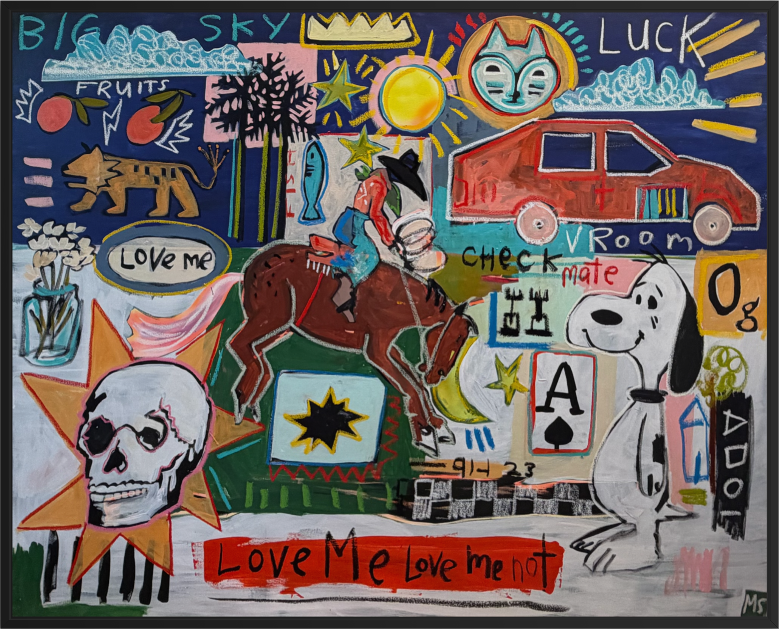 A colorful mixed-media collage artwork featuring cartoon-style drawings, text, and symbols including a horse rider, a dog, a skull, a red car, stars, letters, and doodles on a busy multicolor background.