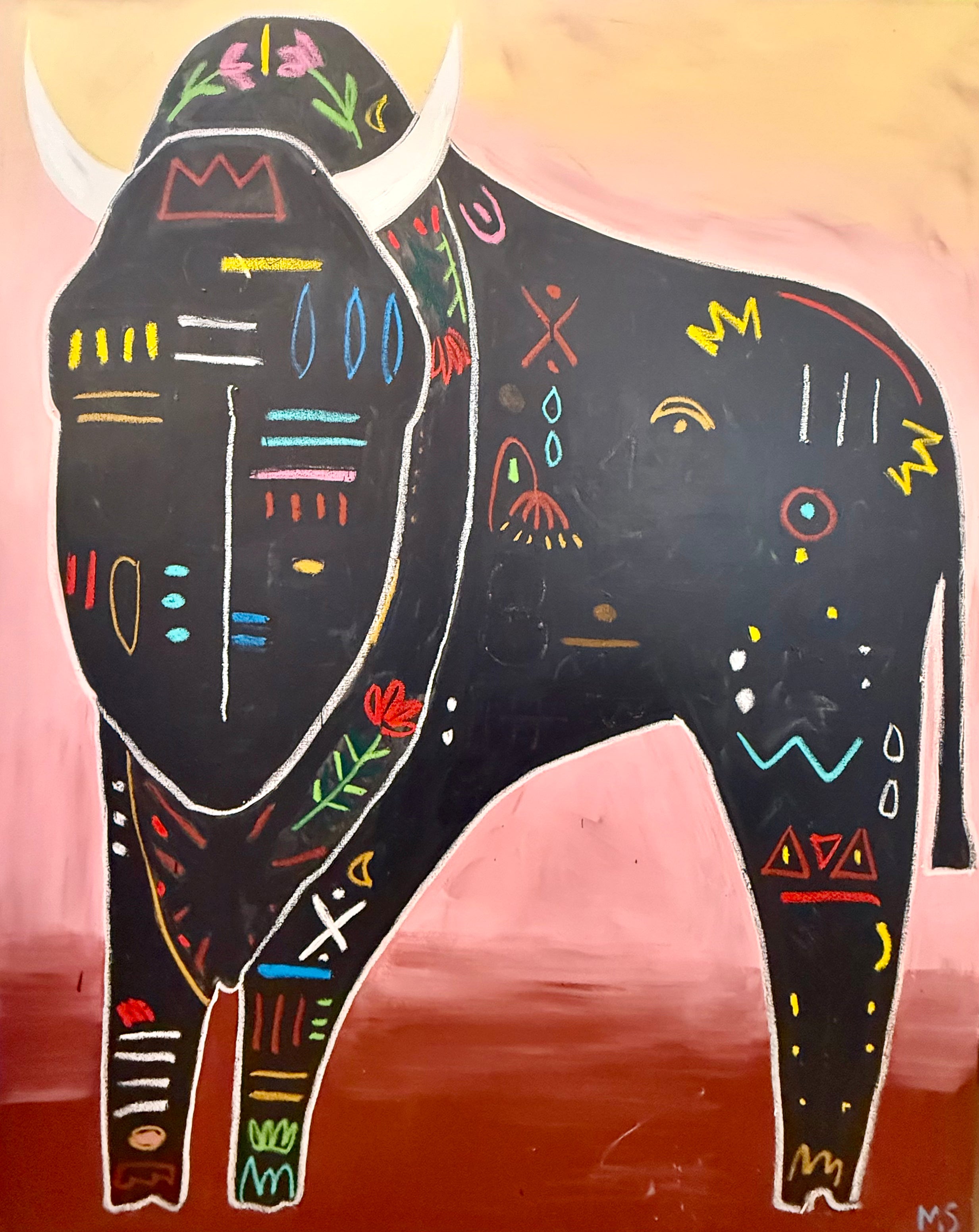 Bison wall decor featuring a stylized black buffalo with colorful symbolic patterns, created with acrylic, oil stick, and spray paint on canvas.