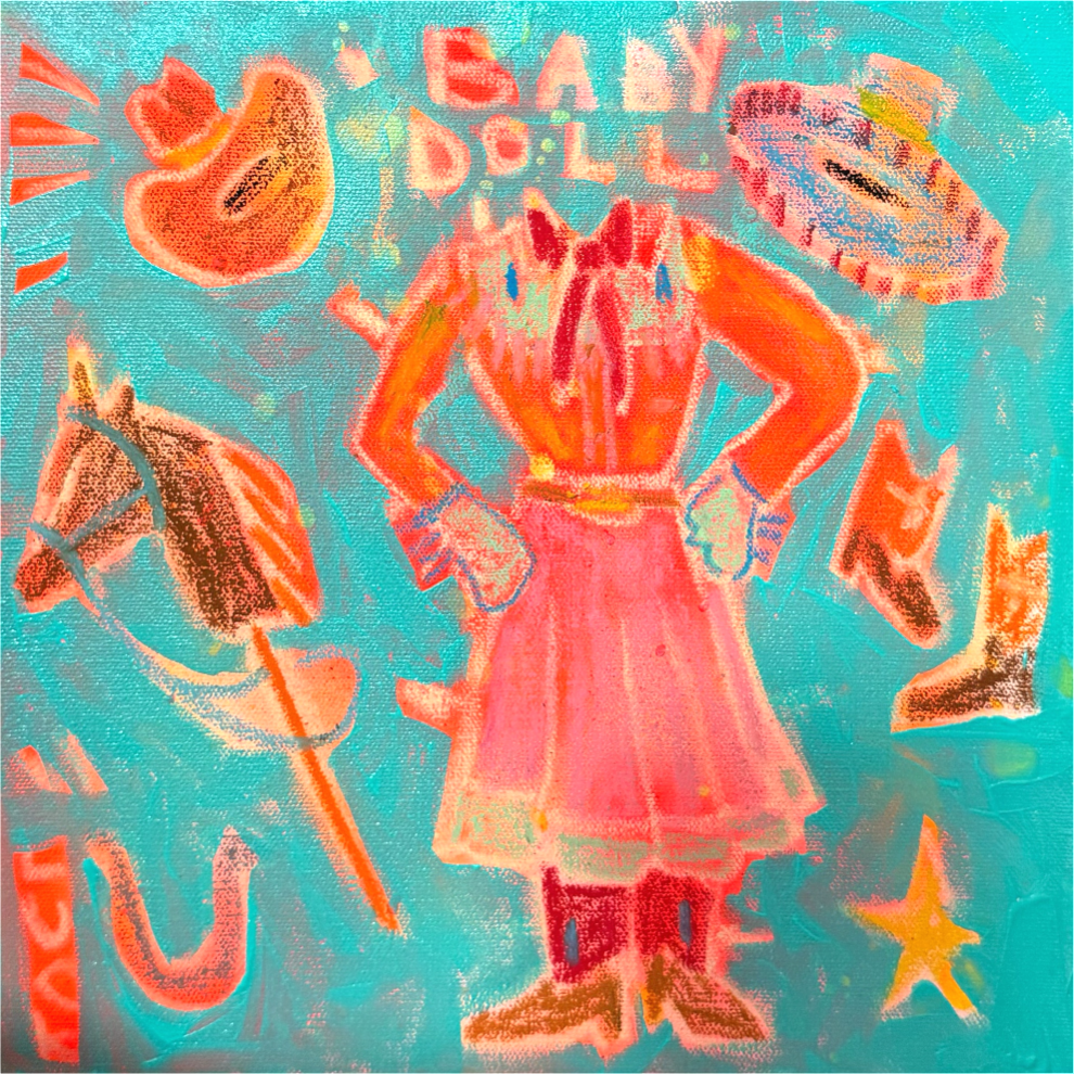 Original painting of a stylized Western figure in a pink dress with horse-inspired elements, created with acrylic, oil stick, and spray paint on canvas.