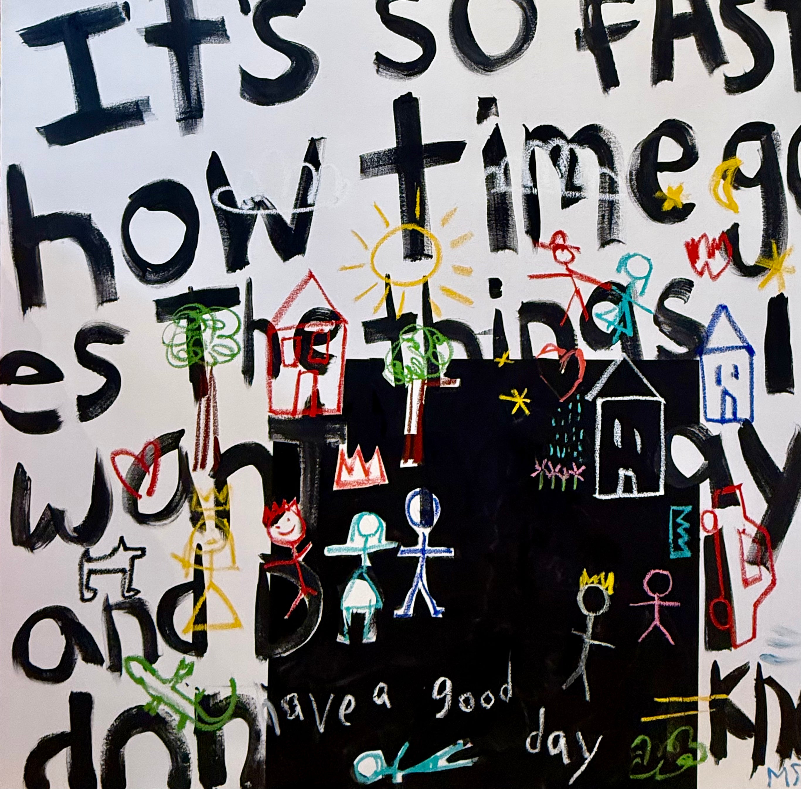 Children's artwork with text and drawings on a white background.