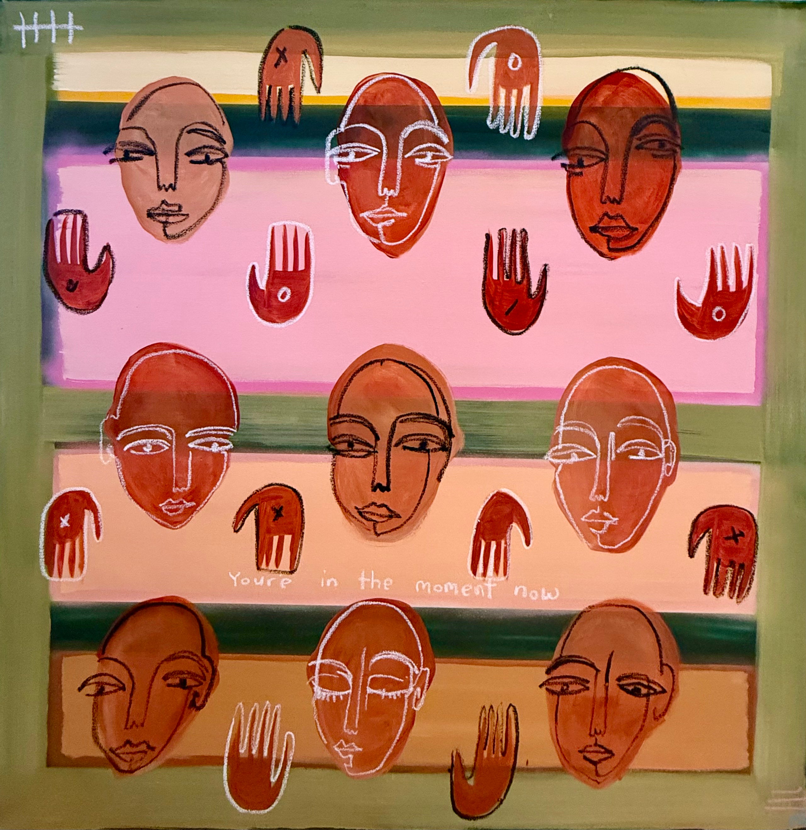 Artistic depiction of faces and hands with a motivational quote on a colorful background.