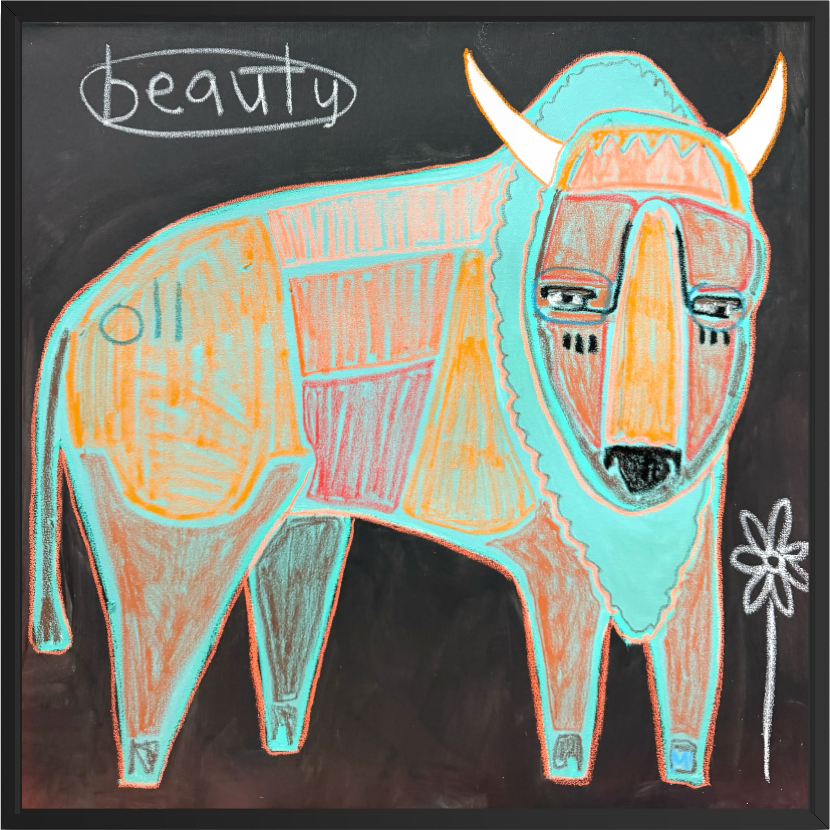 Stylized bison painted in turquoise and warm earth tones on a dark background, created with acrylic and oil stick on a canvas.
