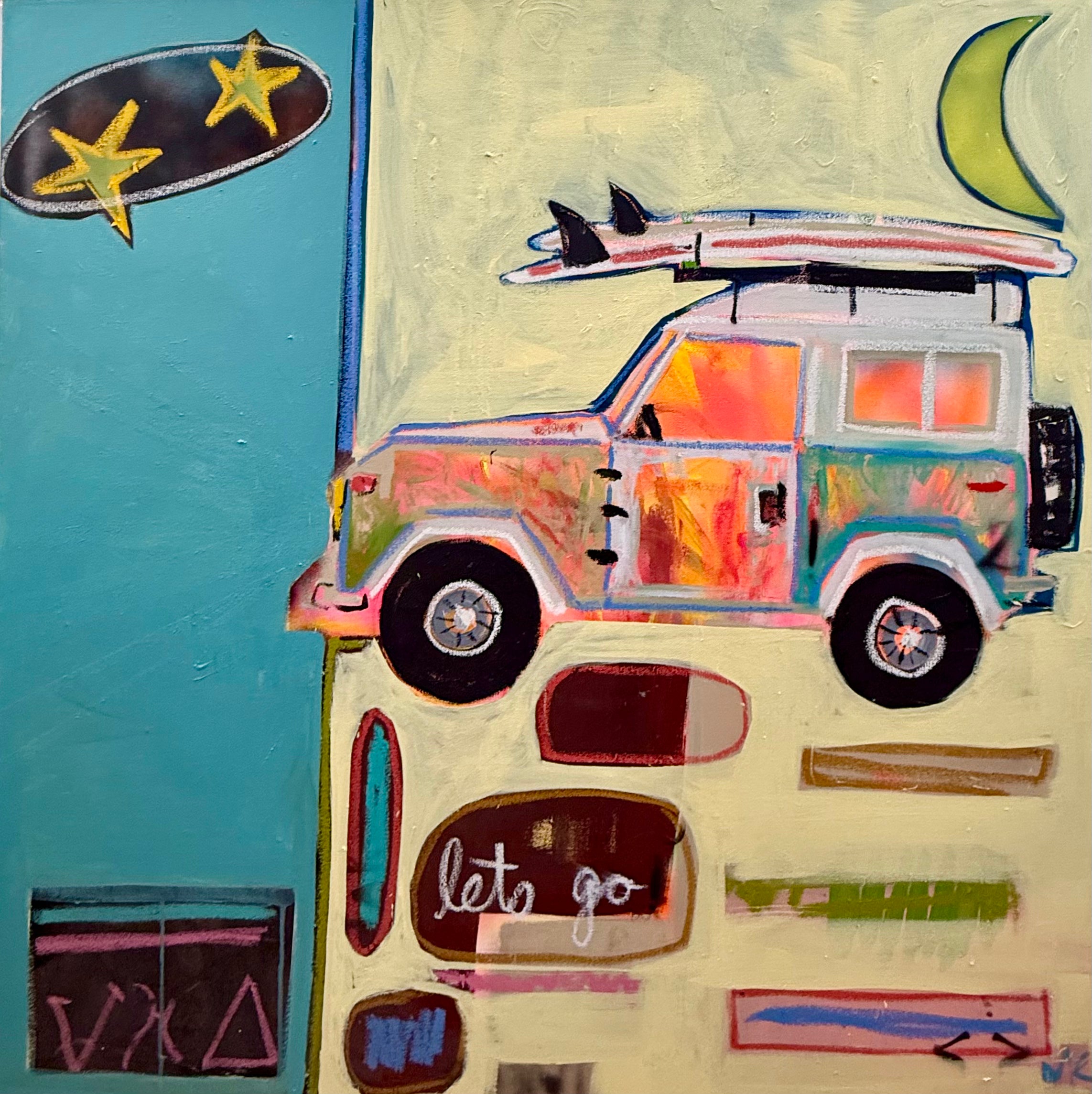Colorful abstract painting of a jeep with surfboard on a blue and beige background.
