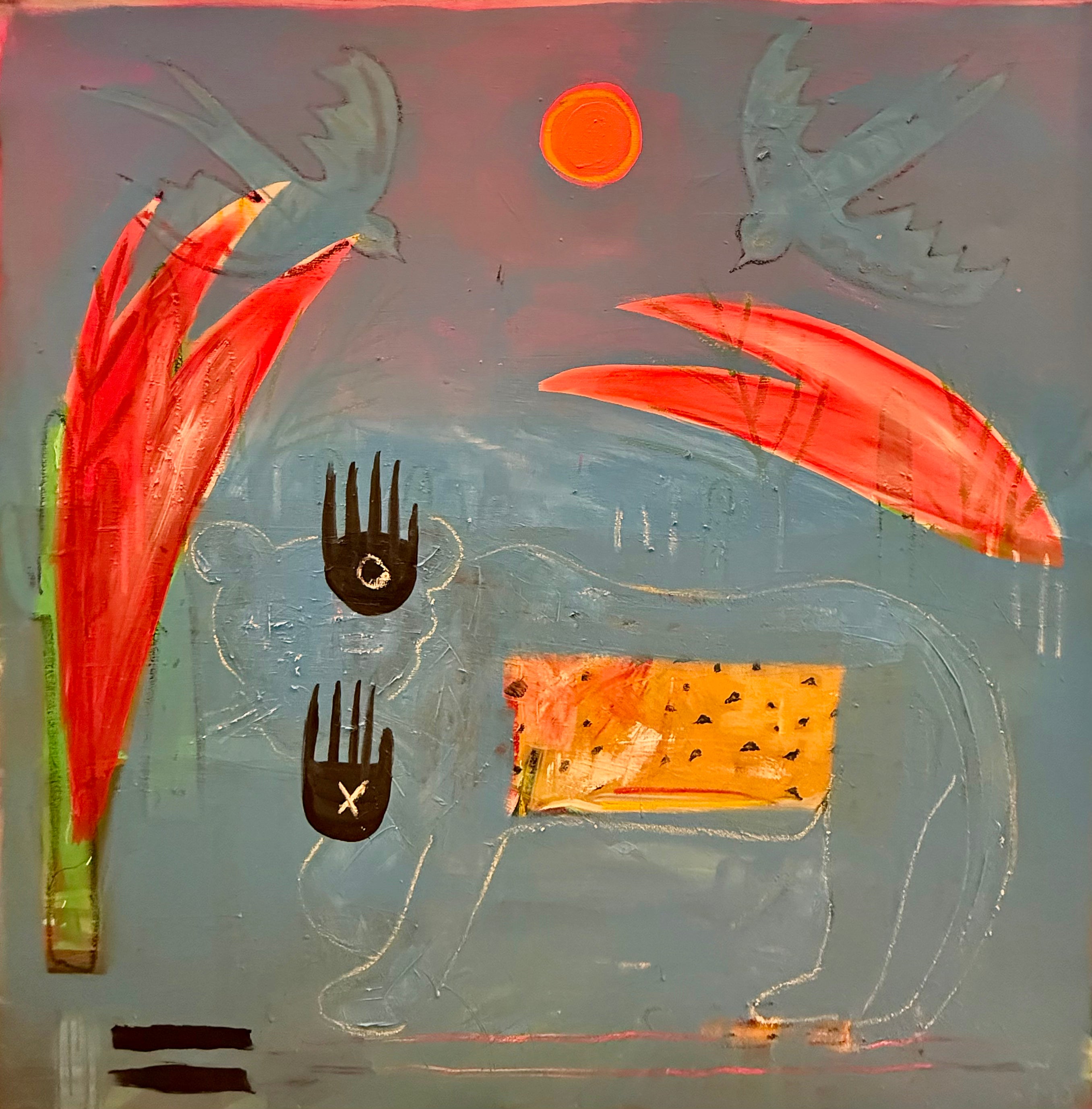 Original abstract wall art on canvas featuring expressive brushstrokes, bold orange accents, layered textures, and a modern square composition.