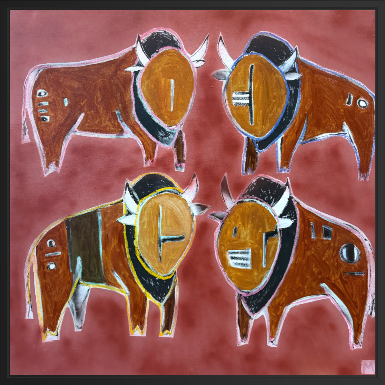 A square framed artwork showing four stylized buffalo or bison figures on a dusty red background. The figures are rendered in brown, tan, black, white, and yellow brushstrokes.